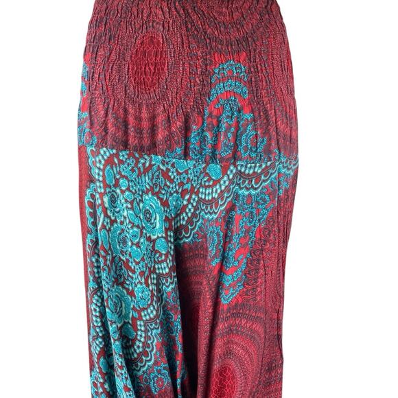 Women's Red Blue Floral Smocked Drapey Tapered Jogger Harem Pants One Size - Picture 4 of 5